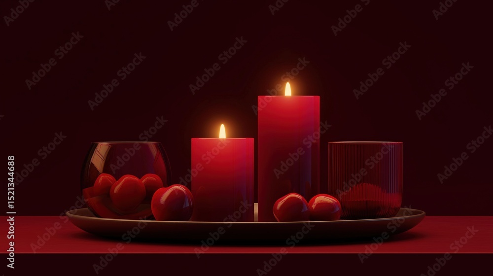 Poster 3d rendering of a table setting with three red candles and a glass of wine. the table is covered wit