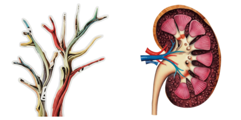 PNG Detailed anatomical of a kidney and its vascular system.
