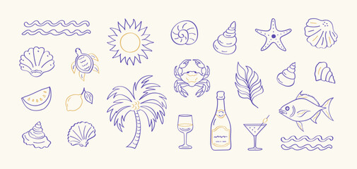 Vector hand-drawn summer-inspired doodle icons in minimalist line art: palm tree, lemon, cocktail, vine, sun, sea, fish and seashells—perfect for themes like vacations, ocean vibes, and beach parties.