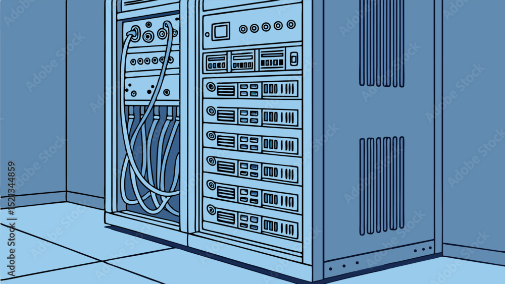 Poster illustration of server racks with multiple ethernet cables connected in a data center environment se