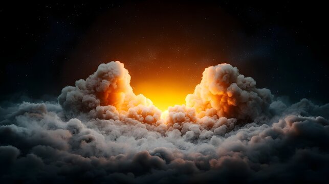 Towering plumes of smoke billowing into the starry night sky - Powered by Adobe