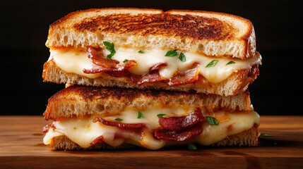 A luscious stacked grilled cheese sandwich featuring crispy bacon, melted cheese, and perfectly toasted bread, perfect for comfort food lovers and cheese enthusiasts.