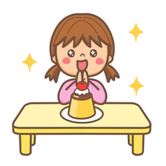 女の子がデザートのプリンを前にして嬉しそうな表情のイラスト
