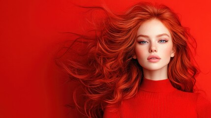 A stunning portrait of a vibrant red-haired model against a striking red background that accentuates her features and creates a lively and energetic aesthetic appeal in the image.