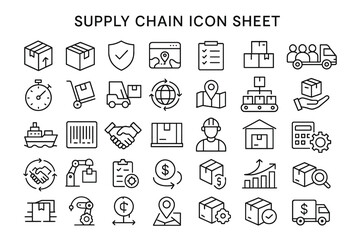 Supply Chain Icon Sheet: A comprehensive collection of detailed icons representing various aspects of the supply chain, meticulously designed for clarity and visual consistency.