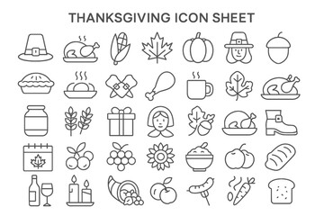 Thanksgiving Icon Collection: A comprehensive collection of line art icons capturing the essence of Thanksgiving.