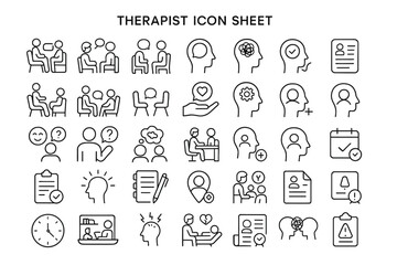 Therapist Icon Set: a set of outline style icons depicting mental health, therapy, and counseling, offering a clean and professional aesthetic.
