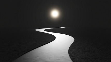 An image of a glowing winding road in the dark in a minimalist and conceptual style.