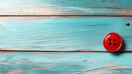 A striking red button contrasts beautifully against a rustic turquoise wooden board, ideal for sewing, crafting, or artistic visuals in themed photography.