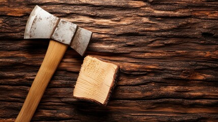 A rugged axe rests on a rough wooden log, symbolizing hard work and craftsmanship, ideal for discussions around outdoor activities, woodworking, and nature adventures.