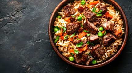 A delicious bowl of beef fried rice showcasing tender meat, vibrant peas, carrots, and a garnish of fresh herbs, perfect for a satisfying meal or culinary inspiration.