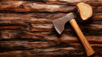 This image showcases a well-used axe resting on a log, capturing the essence of craftsmanship and nature in a rustic and serene wooded environment.