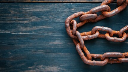 This image features a close-up of rusty chains lying on a dark, weathered wooden surface, highlighting the texture and decay of both materials beautifully.