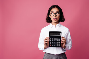 Young woman in formalwear holding a calculator, posing confidently against a pink background,...