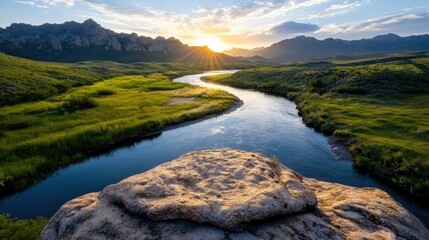 This breathtaking landscape features a river winding through vibrant green fields at sunset, capturing the beauty of nature and serene tranquility in a picturesque scenery.