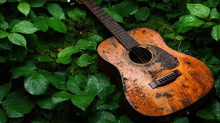 An old and weathered guitar is gently placed among vibrant greenery, symbolizing the bond between music, nature, and the passage of time in a serene environment.