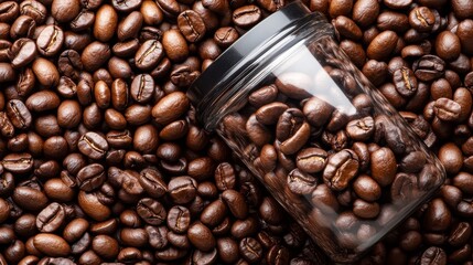 This enticing image displays roasted coffee beans spilled from a glass jar onto a brown surface, evoking the rich aroma and warmth associated with coffee culture.