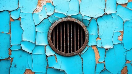 An image highlights a round vent cover embedded in a wall featuring peeling blue paint, showcasing the decay and beauty of textures in an abstract environmental context.
