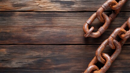 This image depicts a close-up of rusty chain links resting on weathered wooden planks, showcasing texture, age, and the interaction between metal and wood.