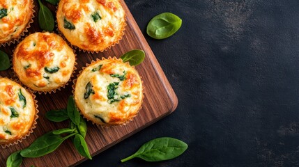 These fresh spinach muffins are beautifully baked, showcasing a golden-brown top with flecks of green spinach, perfect as a savory snack or healthy breakfast option.