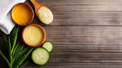 This tranquil image showcases natural skin care products artfully arranged with fresh cucumber and aloe vera, emphasizing wellness, beauty, and self-care rituals.