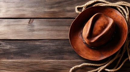 A classic cowboy hat rests on a rustic wooden surface alongside a coiled rope, evoking imagery of the American West and the adventurous spirit of cowboy culture.