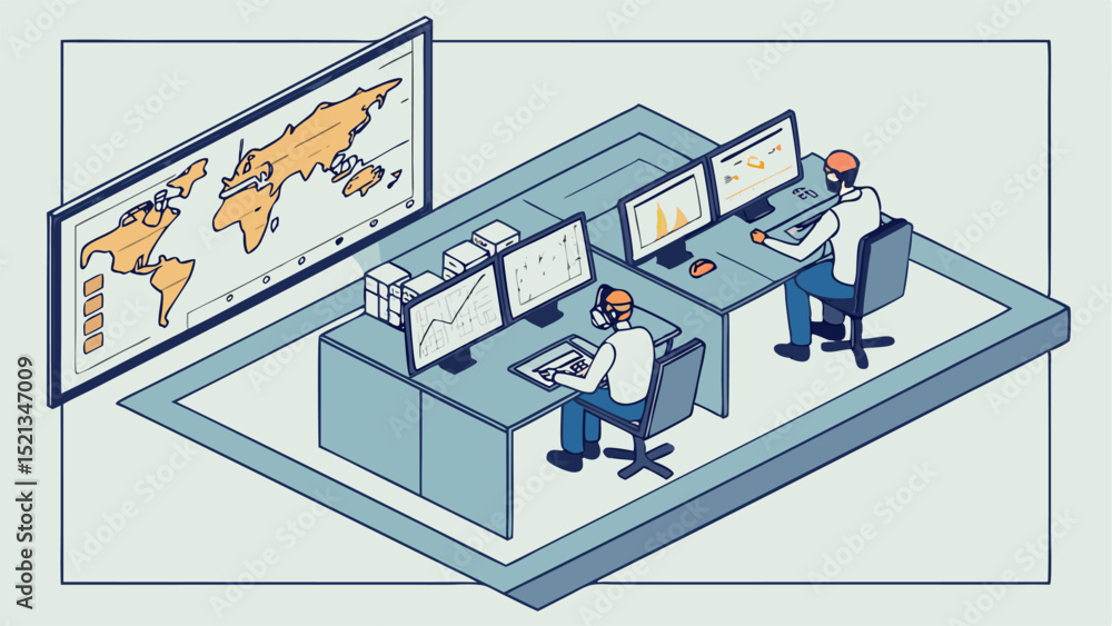 Poster isometric view of two people working at desks with monitors and a large world map display screen sho