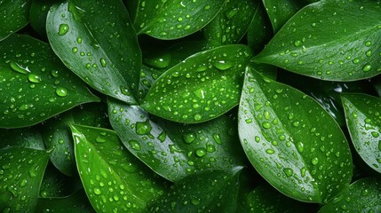 A lush arrangement of vibrant green leaves glistening with dew, showcasing nature's beauty and freshness, perfect for adding a splash of vitality and life to visuals.