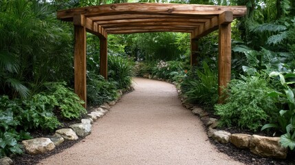 A serene pathway meanders through a lush garden, framed by rich greenery and colorful flowers, inviting exploration and relaxation in a peaceful, natural environment.