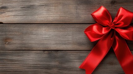 A beautiful rich red satin bow lies gracefully on a rustic wooden surface, evoking a sense of warmth and festivity perfect for special occasions and celebrations.