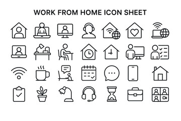 Work From Home Icon Set: A comprehensive collection of line icons representing various aspects of working remotely, including home office setup, communication tools, and time management.