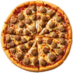 Delicious meatball pizza twelve slices ready to eat