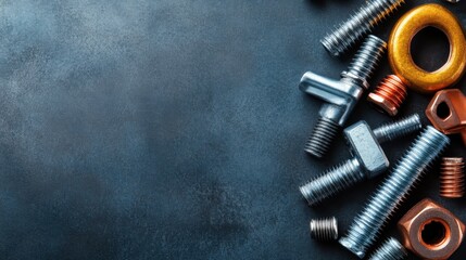An assortment of various metal bolts and nuts arranged on a textured surface, showcasing industrial elements that symbolize strength, engineering, and construction.