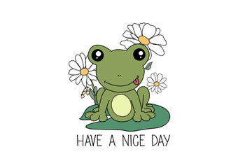 Cute cartoon frog with daisies sitting on a lilypad isolated on transparent background