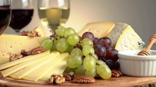 Gourmet cheese and fruit platter with wine, cinematic orbit and zoom, soft natural light