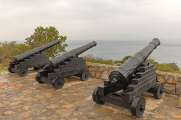 Three Old Cannon Guns at Adriatic Sea Top of Hill Cloudy Rainy Autumn Day Senj Croatia