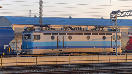 Croatian Railway Cargo Locomotive at Train Station in Slavonski Brod at Sunny Morning