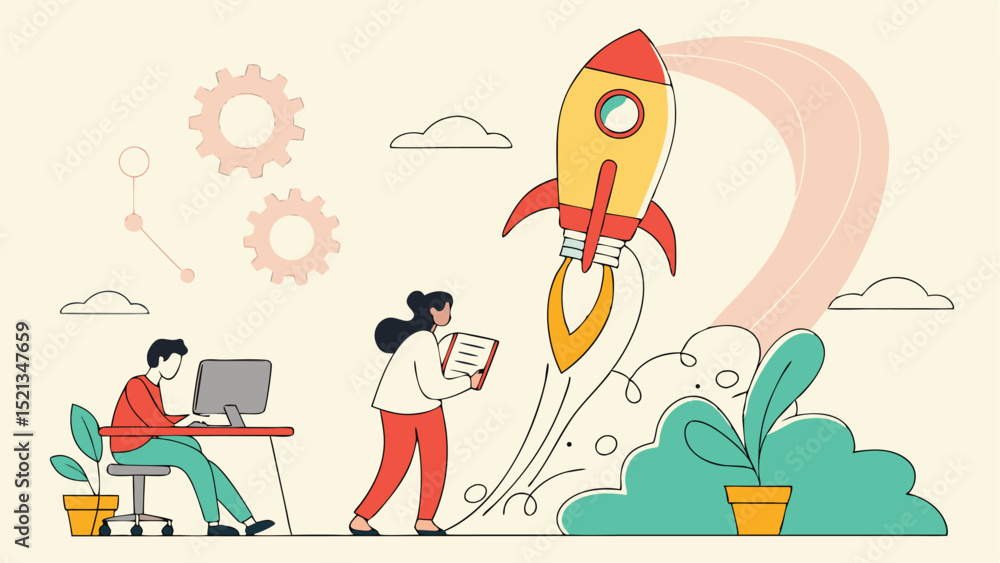 Poster illustration of a rocket launching with people working and gears in the background showing startup c