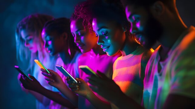 A diverse group engaged in a gamified survey on smartphones, showcasing lively interactions and genuine expressions under vibrant lighting.