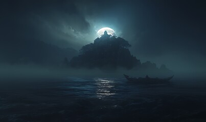 A small dark fantasy style island in the middle of an ocean, a foggy night with a full moon