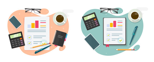 Obraz na płótnie Canvas Audit work desk table top view icon vector, accounting analysis research workplace graphic modern illustration, irs tax paperwork analytics, study workspace above image clip art flat cartoon 