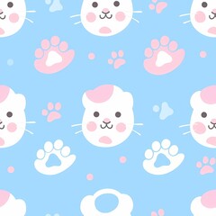 Kawaii Cat Paw Seamless Pattern in Pastel Colors.