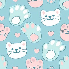 Kawaii Cat Paw Seamless Pattern in Pastel Colors.