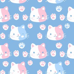 Obraz premium Kawaii Cat Paw Seamless Pattern in Pastel Colors.