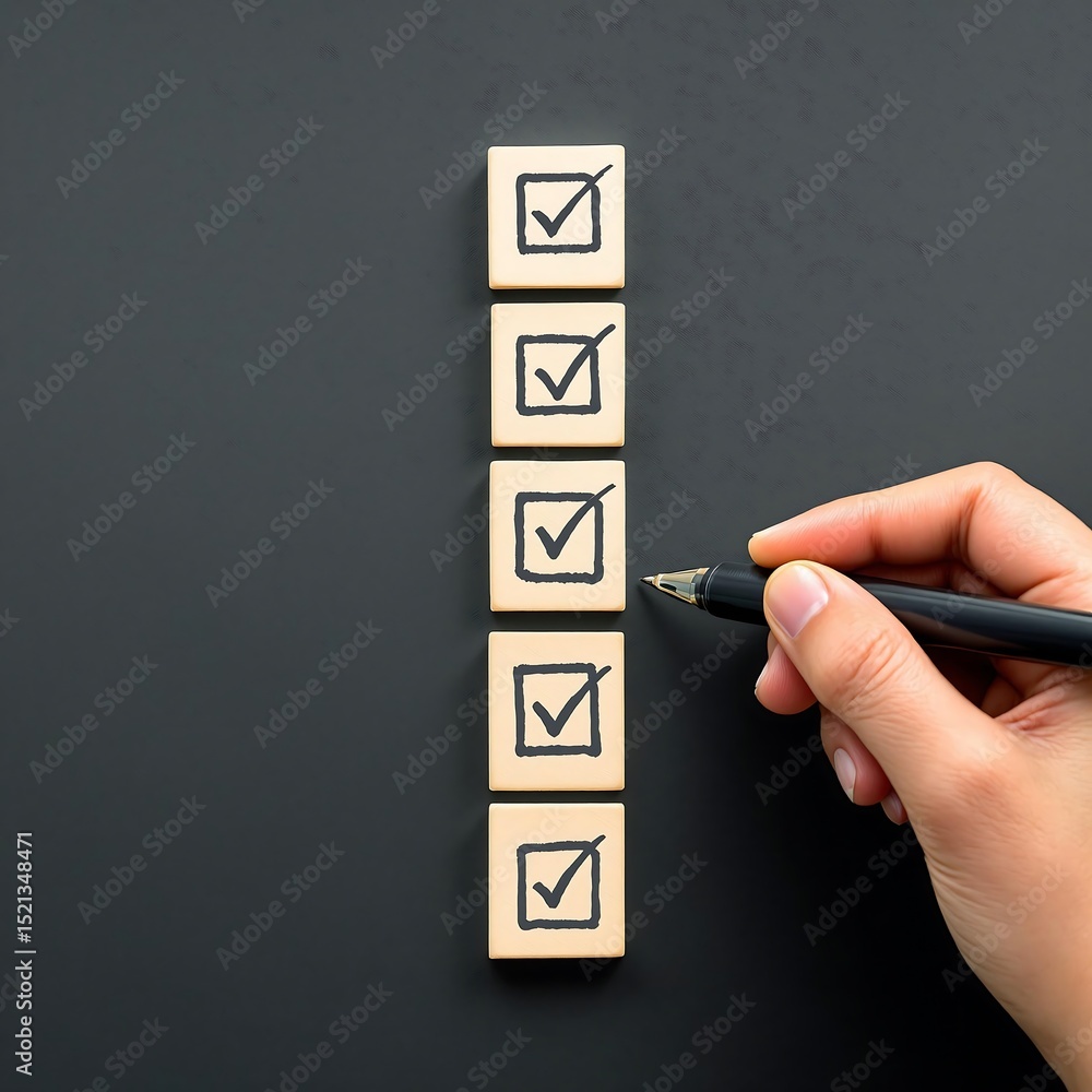 Poster hand marking checklist boxes with pen on a dark surface showing task completion and organization