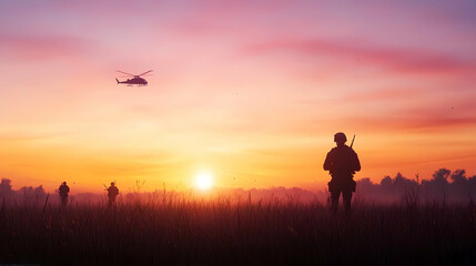 Fototapeta premium Silhouette Soldiers At Sunrise In Field