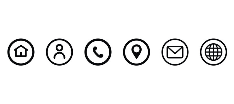 Collection of Minimalist Contact Icons Home, Profile, Phone, Location, Email, and Globe
