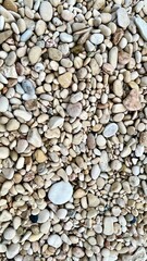 Close-up of smooth sea pebbles in natural shades of gray, brown, and white, forming a textured marine pattern. Coastal detail, nature background, sea stones, beach texture, marine pattern, travel. 