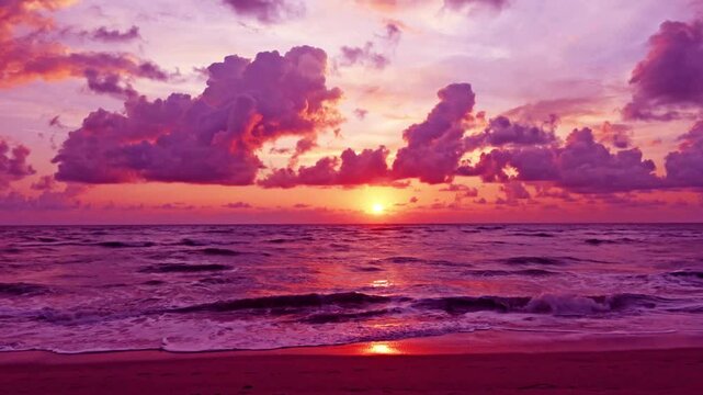 Beautiful sunset beach on magenta pink sky n dramatic red purple cloud or rain storm cloudscape over sea water horizon n calm ocean wave in tropical summer sunlight or sun ray, 4k nature background