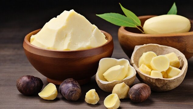 Shea butter half butter with whole fruit isolated. Vitellaria paradoxa